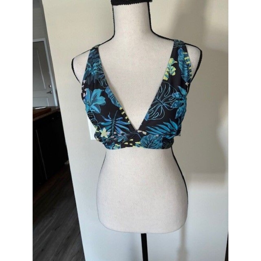 Yonique Bathing Suit Top Black Blue and Yellow Floral Racer Back Sz L
